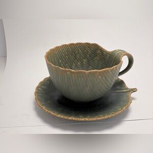 Kotobuki Pottery Celadon Leaf Form Fine Cup and Saucer Japan Sage Green